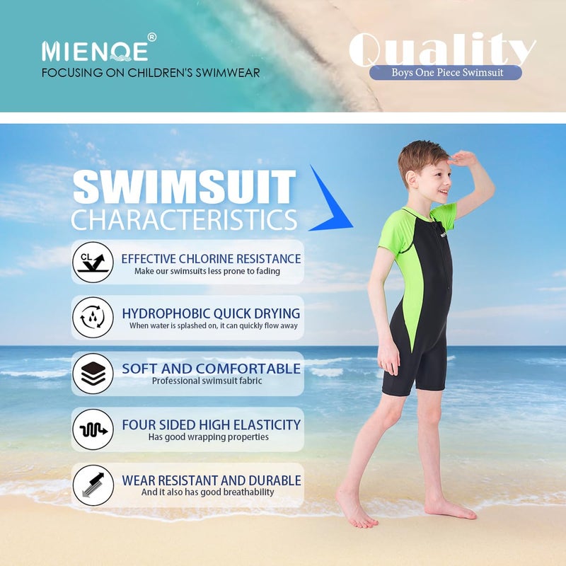 MIENOE Boys Swimsuit One Piece Kid Swimsuit Boys Water Sport Short Swimsuit UPF 50+ Sun Protection Bathing Suits Black Green - Image 3