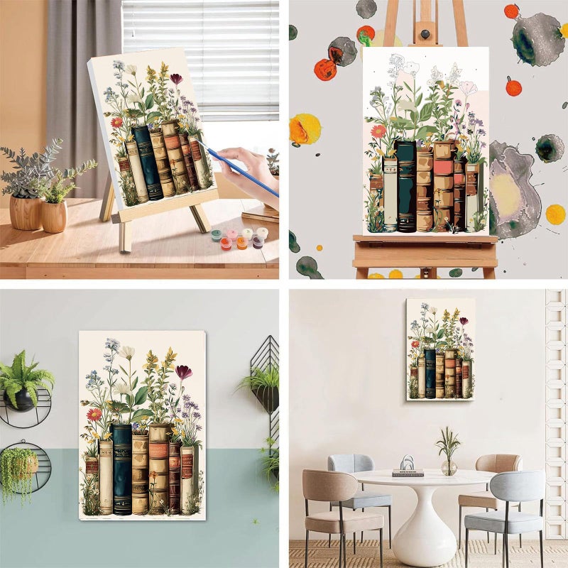 xackcme Book Paint by Numbers for Adults with Framed Canvas - with Wooden Easel, Flowers Paint by Number on Canvas, DIY Books Acrylic Oil Painting Kits with Brushes for Home Wall Decor (8x12 inch) - Image 3