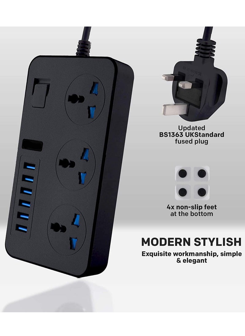 ELTRAZONE - Universal Power Strips 3 Way Outlets 6 USB Plug Ports Surge Protection Power Socket Switch Portable Charger with 2M Wall Plug Adapter Extension Cord with Fuse and Shutter Extension Lead - Image 1