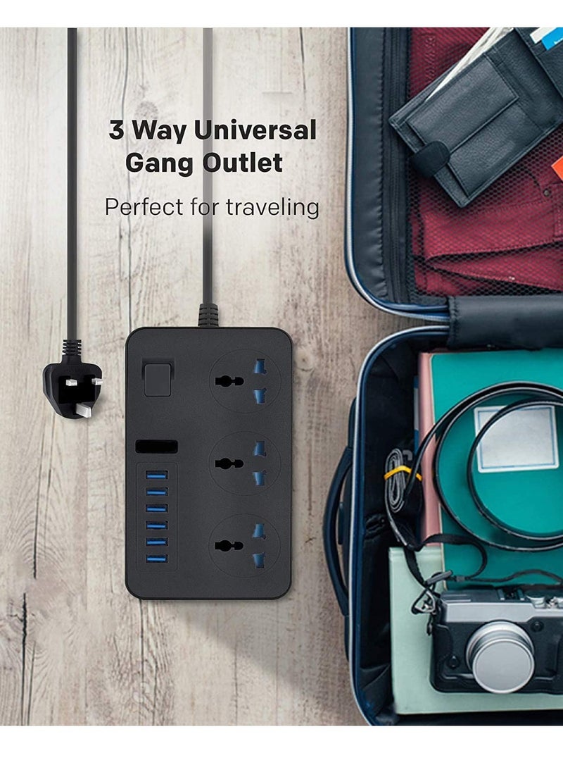 ELTRAZONE - Universal Power Strips 3 Way Outlets 6 USB Plug Ports Surge Protection Power Socket Switch Portable Charger with 2M Wall Plug Adapter Extension Cord with Fuse and Shutter Extension Lead - Image 1