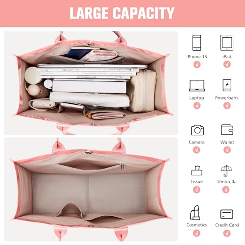 KALIDI FANCY FOREST KALIDI PVC Tote Bag Women’s Kraft Paper Work Handbags Purses with Top Handle,Pink - Image 4