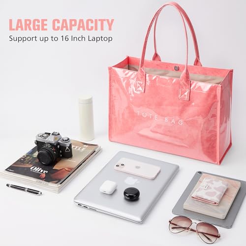 KALIDI FANCY FOREST KALIDI PVC Tote Bag Women’s Kraft Paper Work Handbags Purses with Top Handle,Pink - Image 3