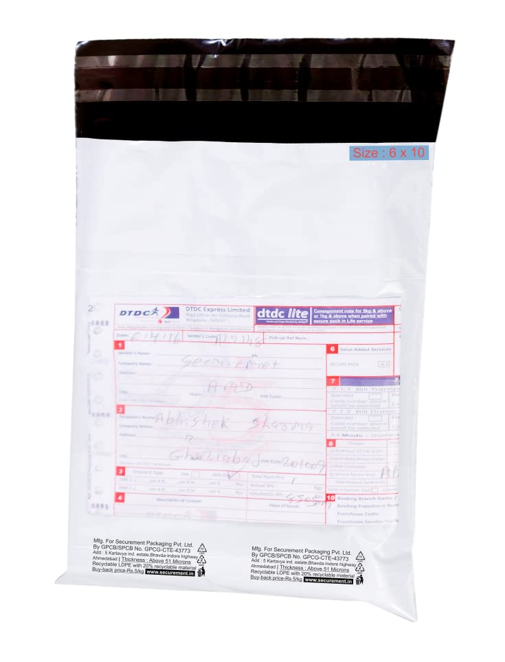 SECUREMENT® Courier Bag/Envelopes/Pouches/Cover with POD (55 Microns) Tamper proof/Security bag (100, 6x10 inches) - Image 1