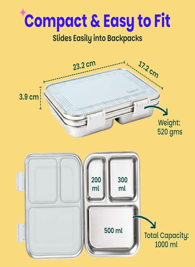Basil Bento Neo Classic 2025 – New & Improved, 1000ml 3-Compartment Stainless Steel Lunch Box for Adults, Teens & Kids | Leak-Proof & Easy to Open Tiffin for Office, School, College - Grey - Image 4