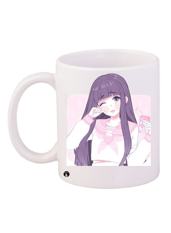 RYN Anime Girl Printed Coffee Mug White/Pink/Purple 11ounce