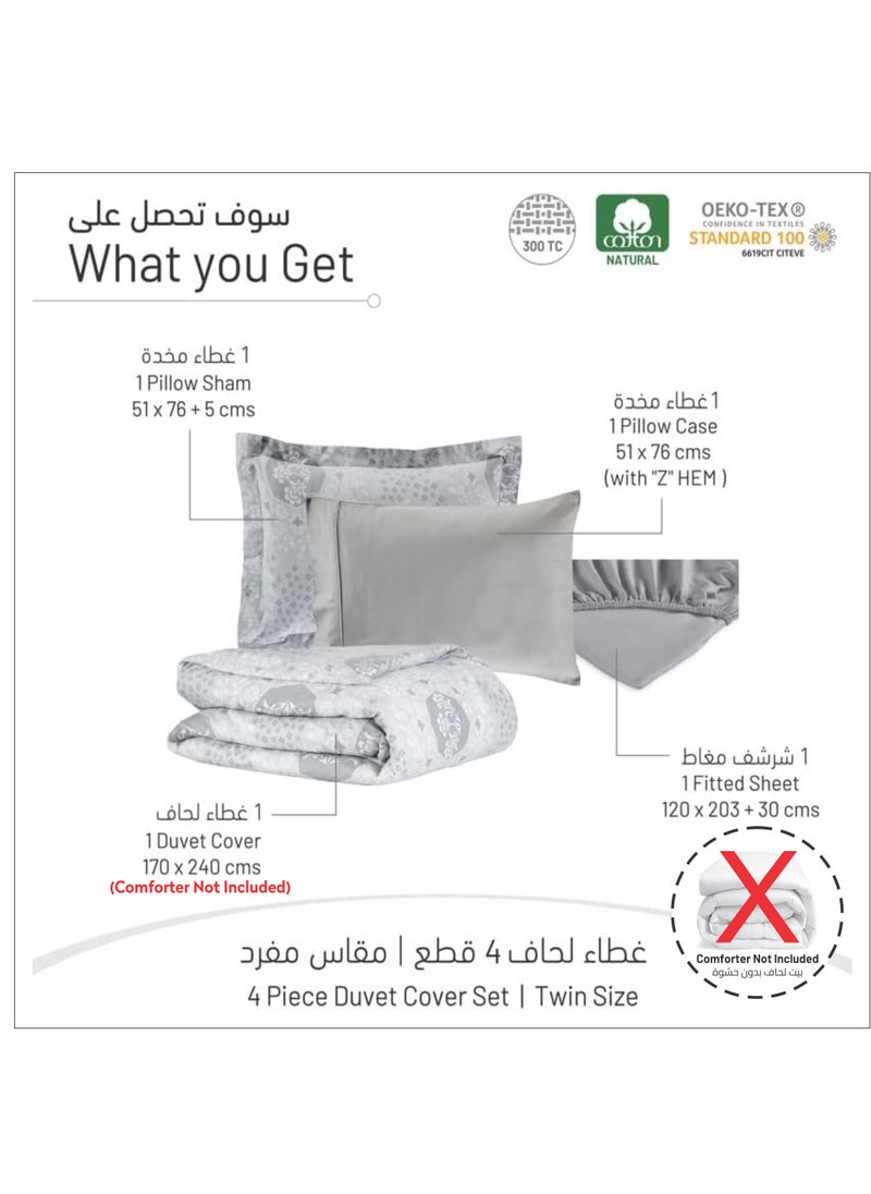 Donetella 4-Piece Duvet Cover Set Without Filler Cotton Silver Grey/White Single Size  - Image 2