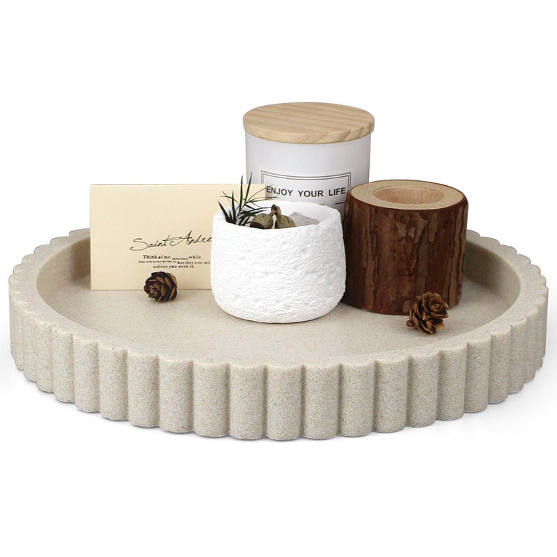LIN CHUAN Decorative Coffee Table Tray, 11" Round Resin Coffee Table Centerpiece Tray for Home Decor, Modern Organizer for Living Room, Console or Dresser, Beige - Image 1