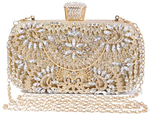 Covelin Women's Rhinestone Decorated Evening Bag, Tote Shoulder Crossbody Handbag with Chain Golden - Image 1