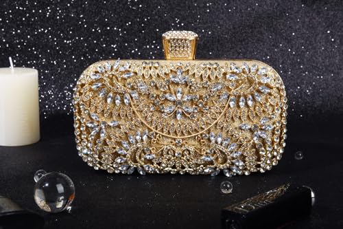 Covelin Women's Rhinestone Decorated Evening Bag, Tote Shoulder Crossbody Handbag with Chain Golden - Image 3