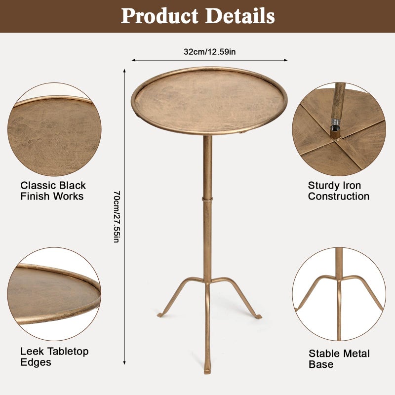 SUJUN Metal Martini Side Table, Antique Brass â€“ Compact Art Deco Design, Raised Edge, Easy Assembly, 12.5" Diameter, 27.5" Height, Stylish and Functional Cocktail Table - Image 2