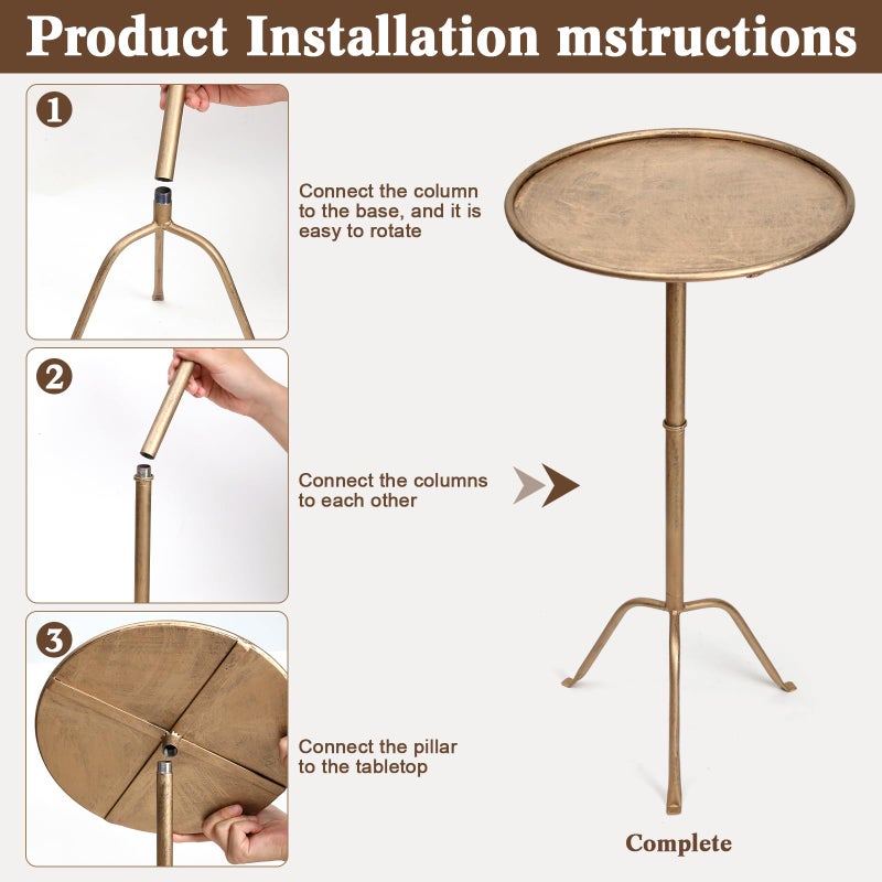 SUJUN Metal Martini Side Table, Antique Brass â€“ Compact Art Deco Design, Raised Edge, Easy Assembly, 12.5" Diameter, 27.5" Height, Stylish and Functional Cocktail Table - Image 3