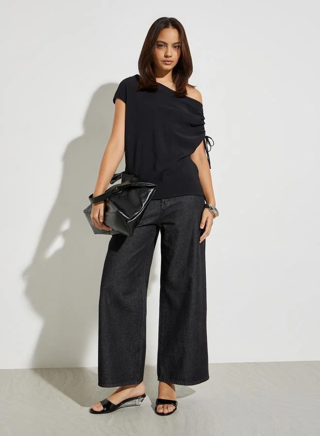 Styli Black Solid Ruched Asymmetric Neck Top