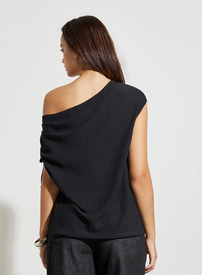 Styli Black Black Solid Ruched Asymmetric Neck Top for Women | Best Price UAE