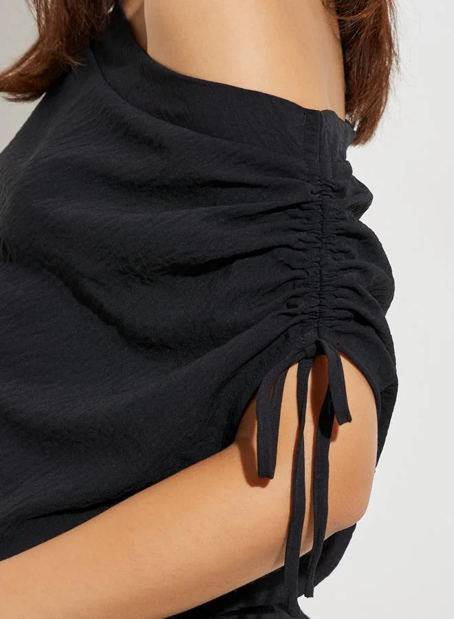 Styli Black Black Solid Ruched Asymmetric Neck Top for Women | Best Price UAE