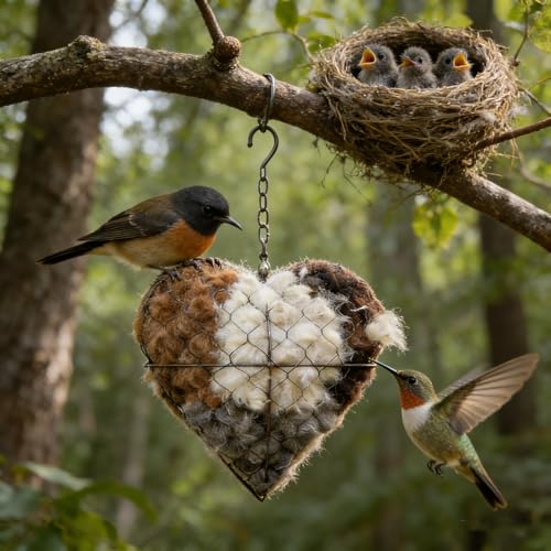 PMDYBY Handmade Fiber Bird Nesting Heart, Alpaca Bird Nesting Material Holder, Hummingbird Houses Nest Boxes,Garden Art Birdhouse Outside Gifts for Birds Lovers - Image 5