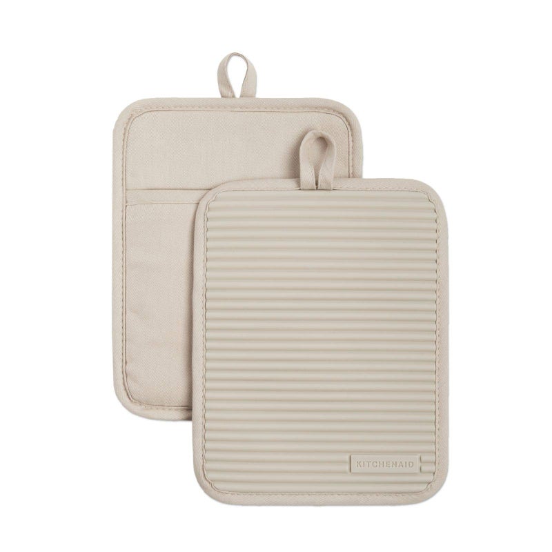 KitchenAid Ribbed Soft Silicone Pot Holder 2-Pack Set, Milkshake Tan, 7"x9" - Image 1