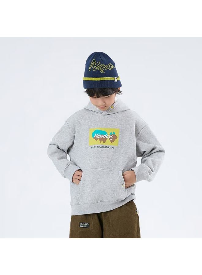 Mipo 25 Autumn Winter Kids Fleece Lined Solid Color Fun Print Hoodie Heather Gray 140cm - Image 2