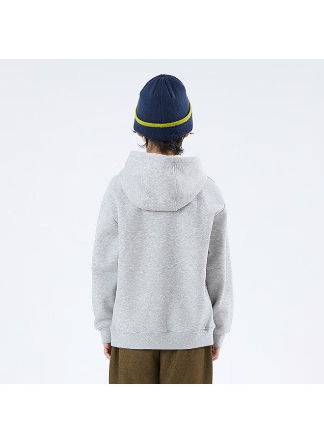 Mipo 25 Autumn Winter Kids Fleece Lined Solid Color Fun Print Hoodie Heather Gray 140cm - Image 1