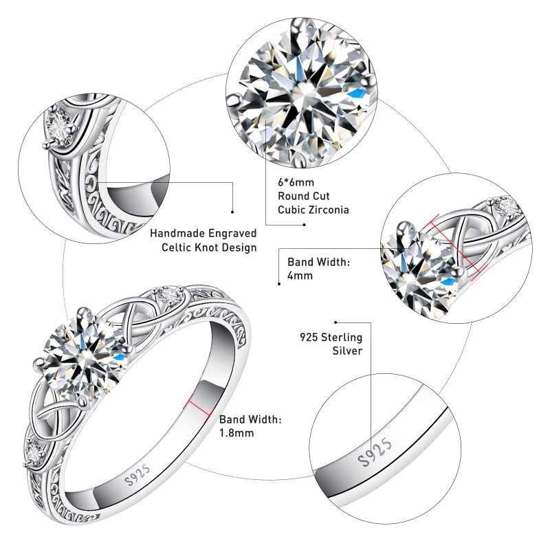 Yaresul Vintage Celtic Knot Women's Wedding Ring 925 Sterling Silver Engagement Ring Round Cut Cubic Zirconia Wedding Band for Women Promise Ring for Her Size 8 - Image 3