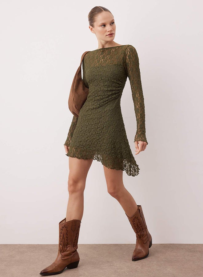 trendyol Khaki Backless Asymmetrical Detail Mini/Short Lace Stretchy Knitted Dress - Image 2