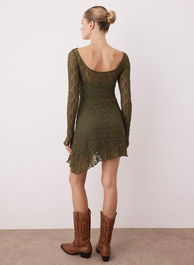 trendyol Khaki Backless Asymmetrical Detail Mini/Short Lace Stretchy Knitted Dress - Image 4