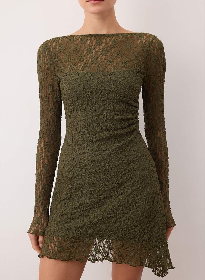 trendyol Khaki Backless Asymmetrical Detail Mini/Short Lace Stretchy Knitted Dress - Image 3