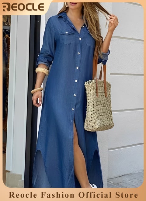 Spring And Summer Shirt Long Skirt Dress for Women Casual Loose Design Long-sleeved Design Modify Figure Classic Denim Blue