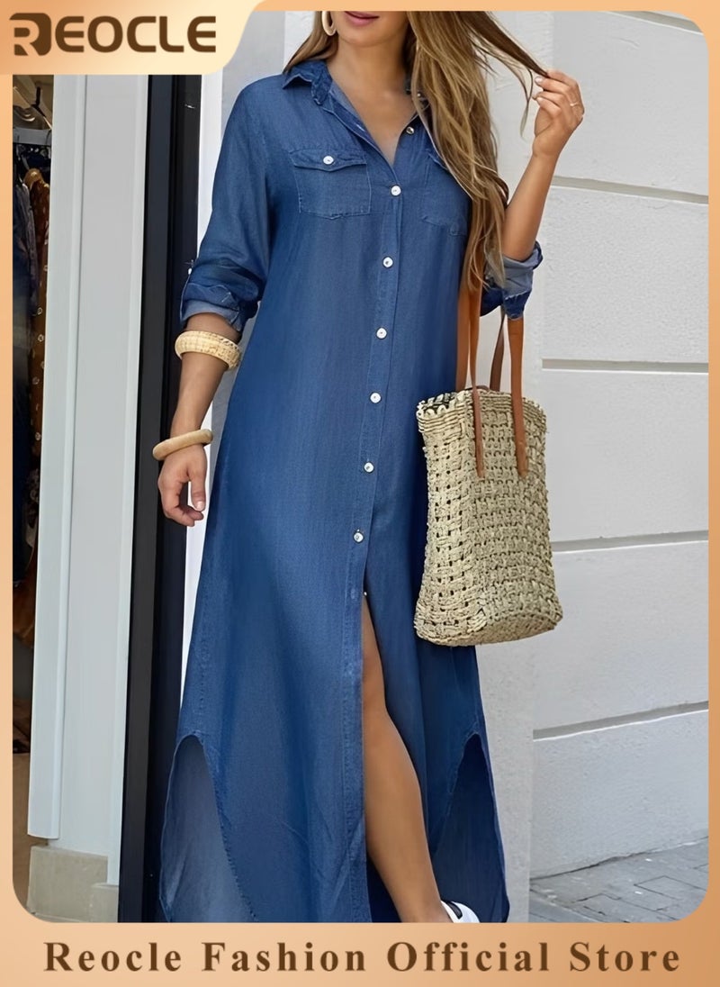 Spring And Summer Shirt Long Skirt Dress for Women Casual Loose Design Long-sleeved Design Modify Figure Classic Denim Blue