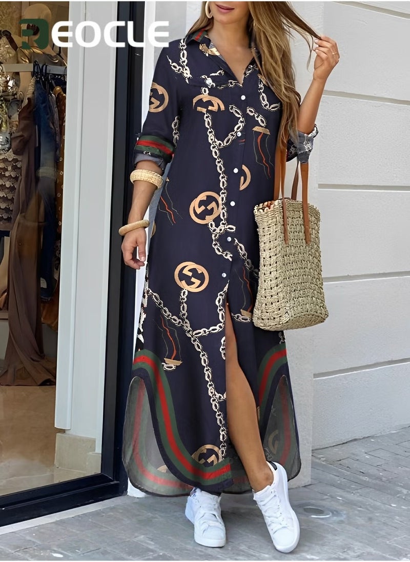 Spring And Summer Shirt Long Skirt Dress for Women Casual Loose Design Long-sleeved Design Modify Figure Classic Denim Blue