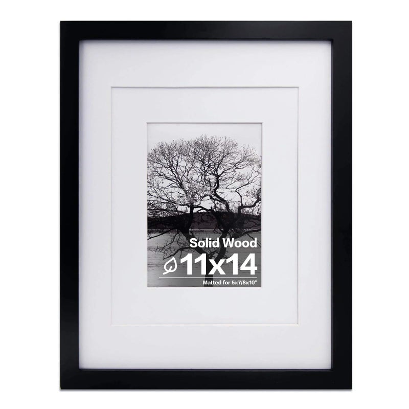 Egofine 11x14 Picture Frame Black - Photo Frame Made of Solid Wood Covered by Plexiglass for Table Top Display Pictures 5x7/8x10 with Mat or 11x14 Without Mat with Wall Mounting Hardware - Image 1