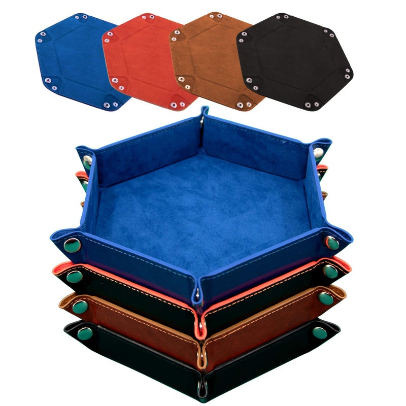 SIQUK 4 Pieces Dice Tray Hexagon Dice Rolling Holder Folding PU Leather Dice Trays for Dice Games Like RPG DND and Other Table Games Royal Blue Orange Camel and Black - Image 4
