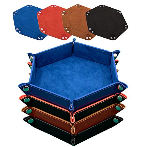 SIQUK 4 Pieces Dice Tray Hexagon Dice Rolling Holder Folding PU Leather Dice Trays for Dice Games Like RPG DND and Other Table Games Royal Blue Orange Camel and Black - Image 1
