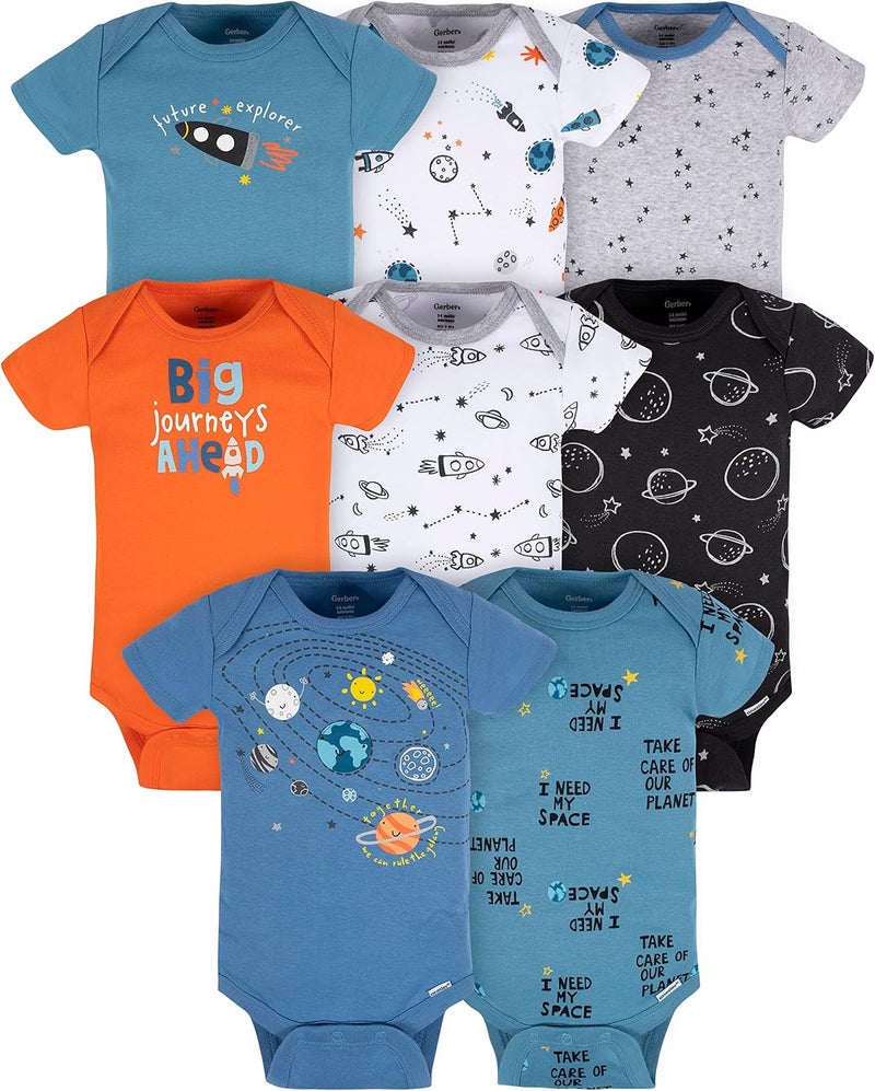 جربر Gerber Baby Boy's 8-Pack Short Sleeve Onesies Bodysuits, Space, Newborn - Image 1