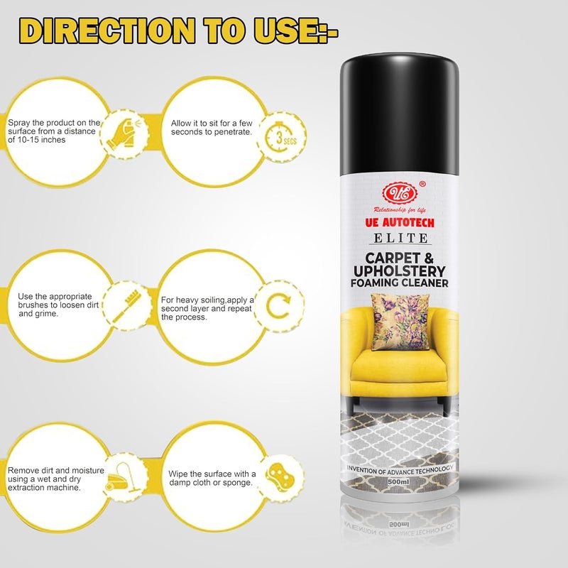 UE Autotech Elite Upholstery Cleaner - Sofa Fabric Couch Clean Liquid for Remove Dirt, Spots & Stains from Carpet Rug, Leather Sofa - Car Cleaning Advanced Formula - Multipurpose Spray, 500 ml - Image 3