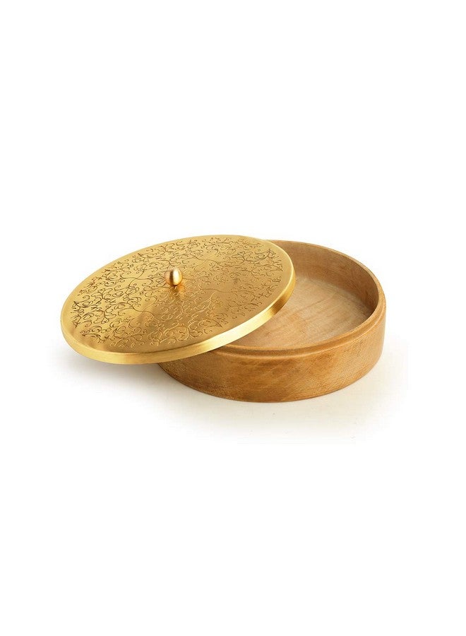 ExclusiveLane 'Floral-Etched' Handcrafted Chapati Box for Kitchen in Brass & Mango Wood (BASE: Mango Wood, LID: Brass) - Hot Pots for Chapati Casseroles Hot Case for Roti Boxes Roti Basket Serveware - Image 4