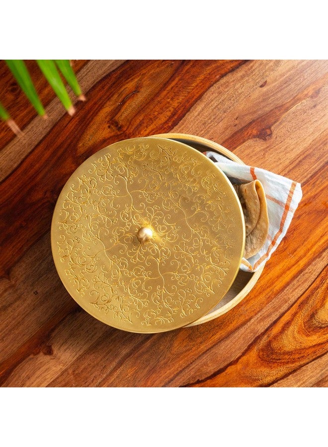 ExclusiveLane 'Floral-Etched' Handcrafted Chapati Box for Kitchen in Brass & Mango Wood (BASE: Mango Wood, LID: Brass) - Hot Pots for Chapati Casseroles Hot Case for Roti Boxes Roti Basket Serveware - Image 1