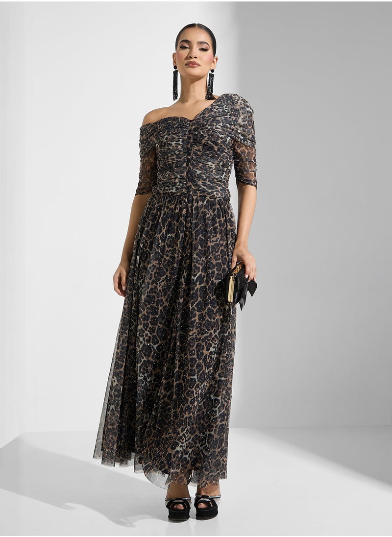 Namshi x - Draped Shoulder Leopard Print Shimmer Dress - Image 1