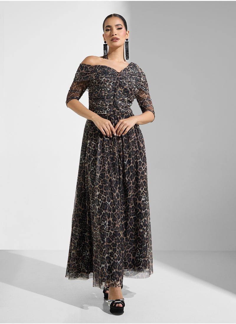 Namshi x - Draped Shoulder Leopard Print Shimmer Dress - Image 1