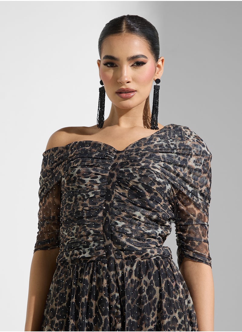Namshi x - Draped Shoulder Leopard Print Shimmer Dress - Image 1