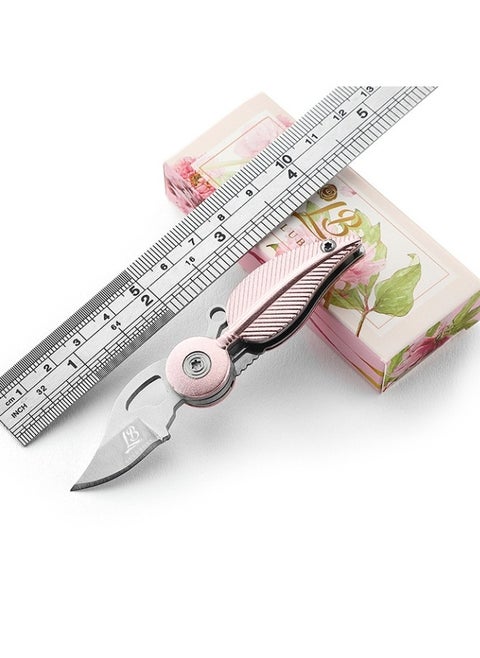 3CR13 Steel Folding Feather Knife Outdoor Fruit Knife Multifunctional Keychain - Pink