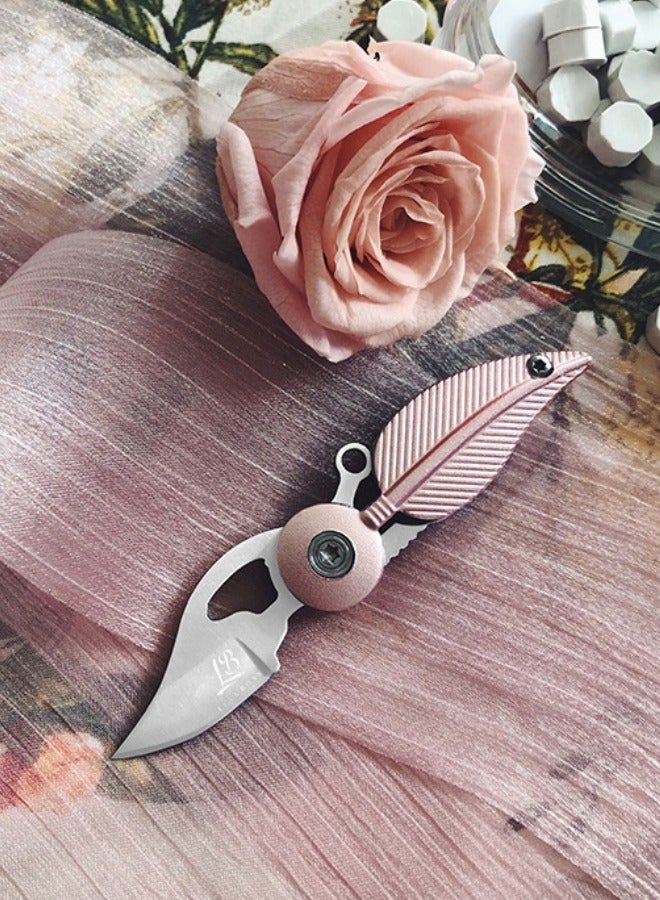 LB 3CR13 Steel Folding Feather Knife Outdoor Fruit Knife Multifunctional Keychain - Pink - Image 2
