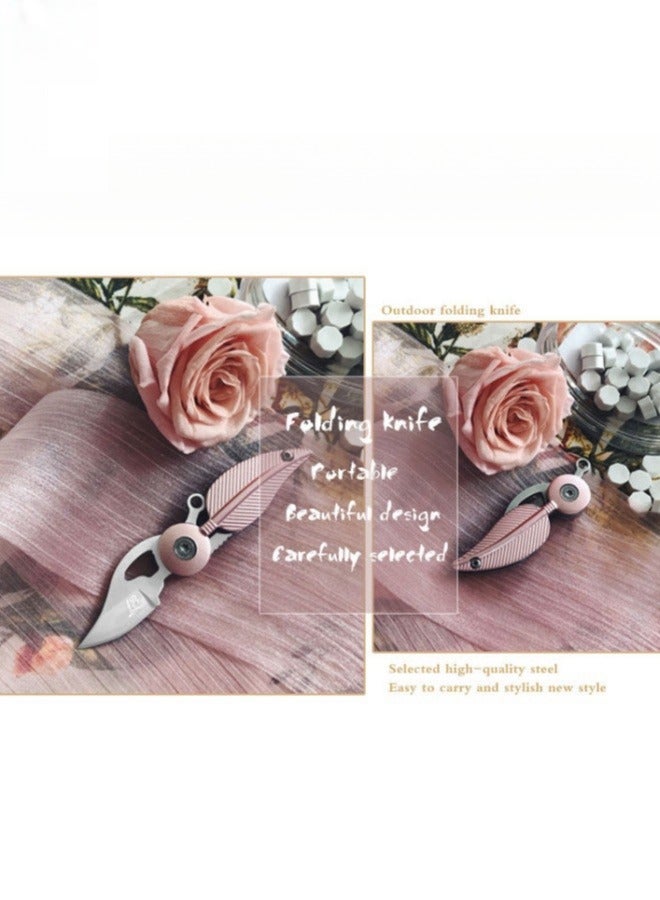 3CR13 Steel Folding Feather Knife Outdoor Fruit Knife Multifunctional Keychain - Pink