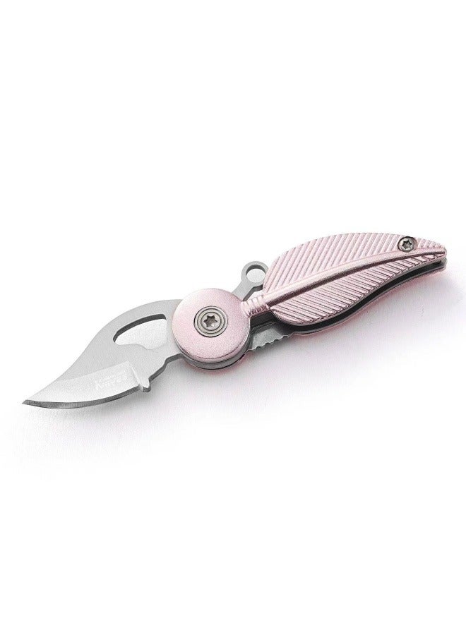 3CR13 Steel Folding Feather Knife Outdoor Fruit Knife Multifunctional Keychain - Pink