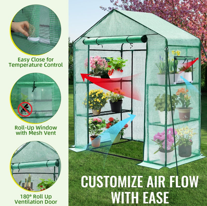 Greengro Greenhouse, 28 x 57 x 76'' Greenhouses for Outdoors, Small Plant Green House with Screen Windows, 3 Tiers 4 Shelves, Durable PE Cover, Plastic Portable Walk in Greenhouses for Outside Indoor - Image 2