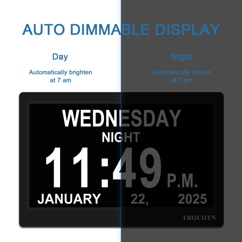TROCOTN Dementia Clocks, Large Display Calendar Alarm Clock with Auto DST for Seniors, 5 Display Modes Large Font Digital Clock with Custom Alarms Day Date Clocks. (10 Inch Black) - Image 5