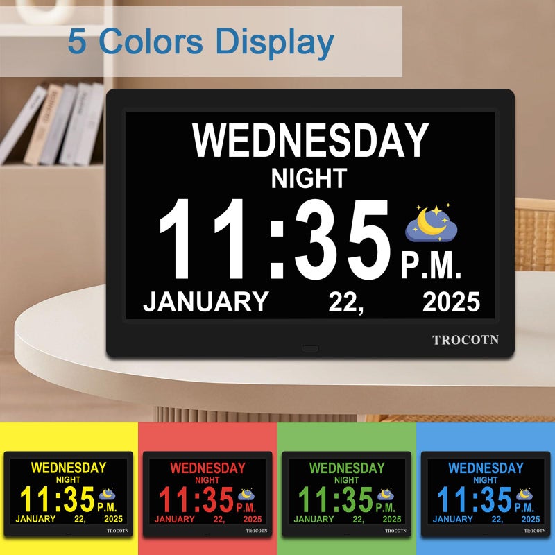 TROCOTN Dementia Clocks, Large Display Calendar Alarm Clock with Auto DST for Seniors, 5 Display Modes Large Font Digital Clock with Custom Alarms Day Date Clocks. (10 Inch Black) - Image 4