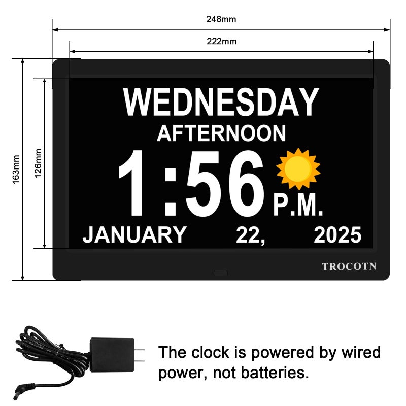 TROCOTN Dementia Clocks, Large Display Calendar Alarm Clock with Auto DST for Seniors, 5 Display Modes Large Font Digital Clock with Custom Alarms Day Date Clocks. (10 Inch Black) - Image 2
