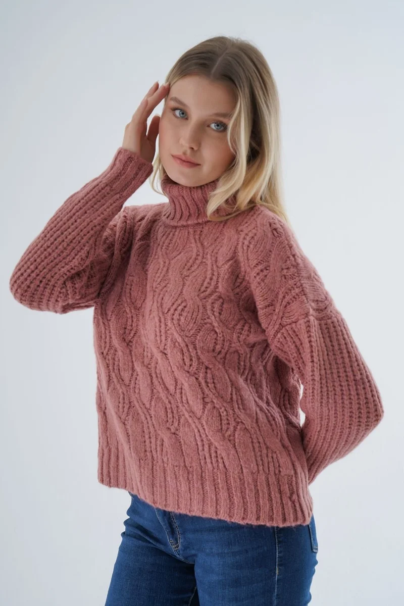 Trist Star Women's Rose Dusty Oversize Turtleneck Selanik Hair Knitted Wool Special Yarn Knitwear Knitted Sweater TRIST-6163