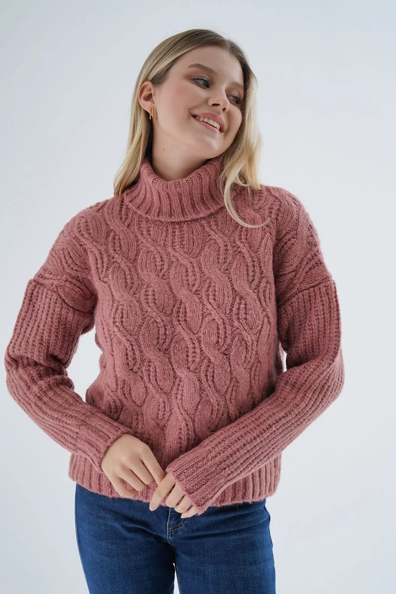 Trist Star Women's Rose Dusty Oversize Turtleneck Selanik Hair Knitted Wool Special Yarn Knitwear Knitted Sweater TRIST-6163