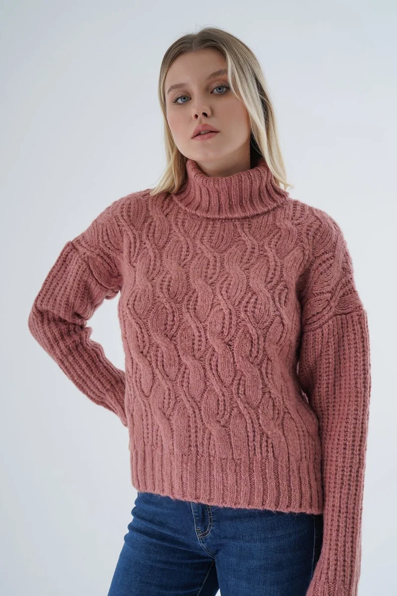 Trist Star Women's Rose Dusty Oversize Turtleneck Selanik Hair Knitted Wool Special Yarn Knitwear Knitted Sweater TRIST-6163